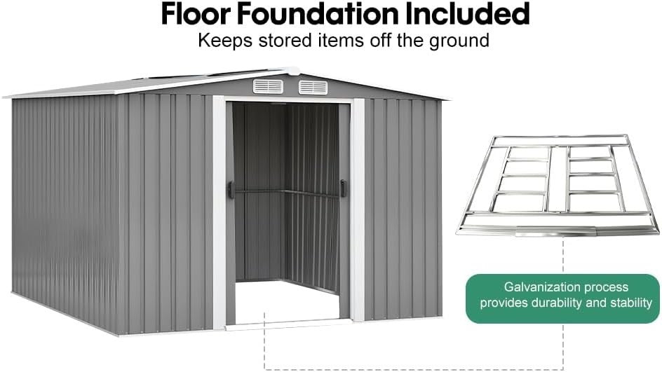 8x6FT Metal Garden Shed Lockable Tool Storage House Green/Grey