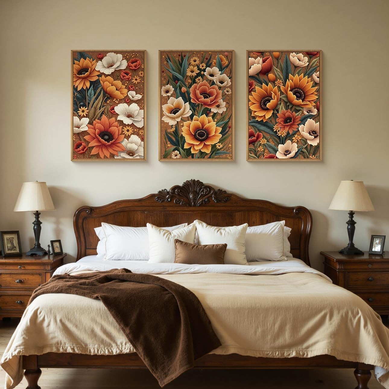 Boho Floral Framed Canvas Wall Art Set 3 Botanical Prints Home Decor