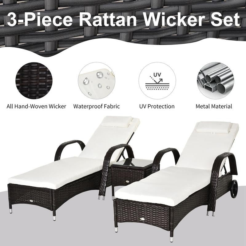 3Pc Rattan Recliner Lounger Set w/ Table Cushions Wheels Garden Patio