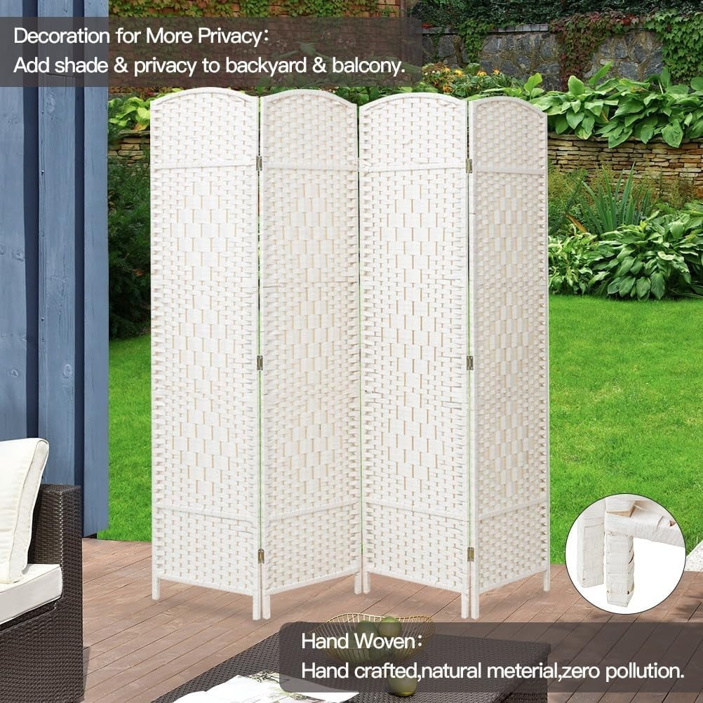 White 4 Panel Wicker Folding Room Divider Handwoven Privacy Screen 170cm
