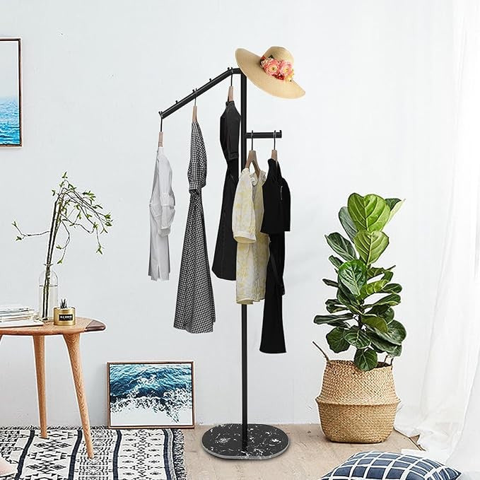 Black Marble Base L-Shaped Coat Rack 170cm Metal Clothes Organizer Stand