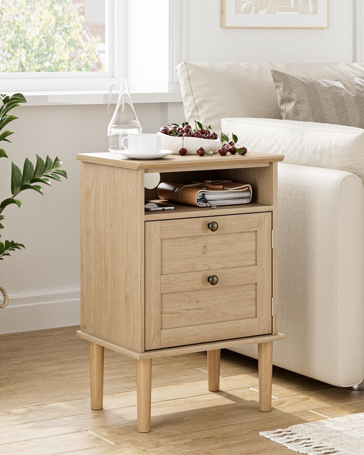 Wooden Bedside Table with Door & Open Shelf | Natural Oak Finish Nightstand