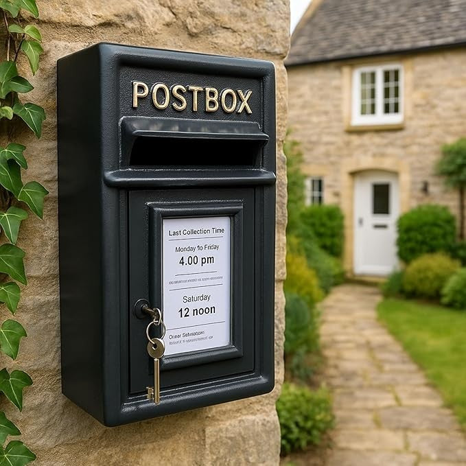 Lockable Cast Iron Wall Post Box Black – Heavy Duty, Vintage Mailbox 44cm
