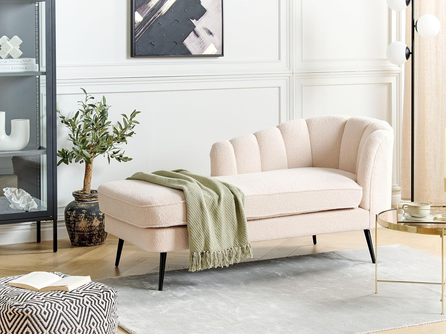 Modern Beige Boucle Right-Hand Chaise Lounge with Black Metal Legs & Soft Uphols