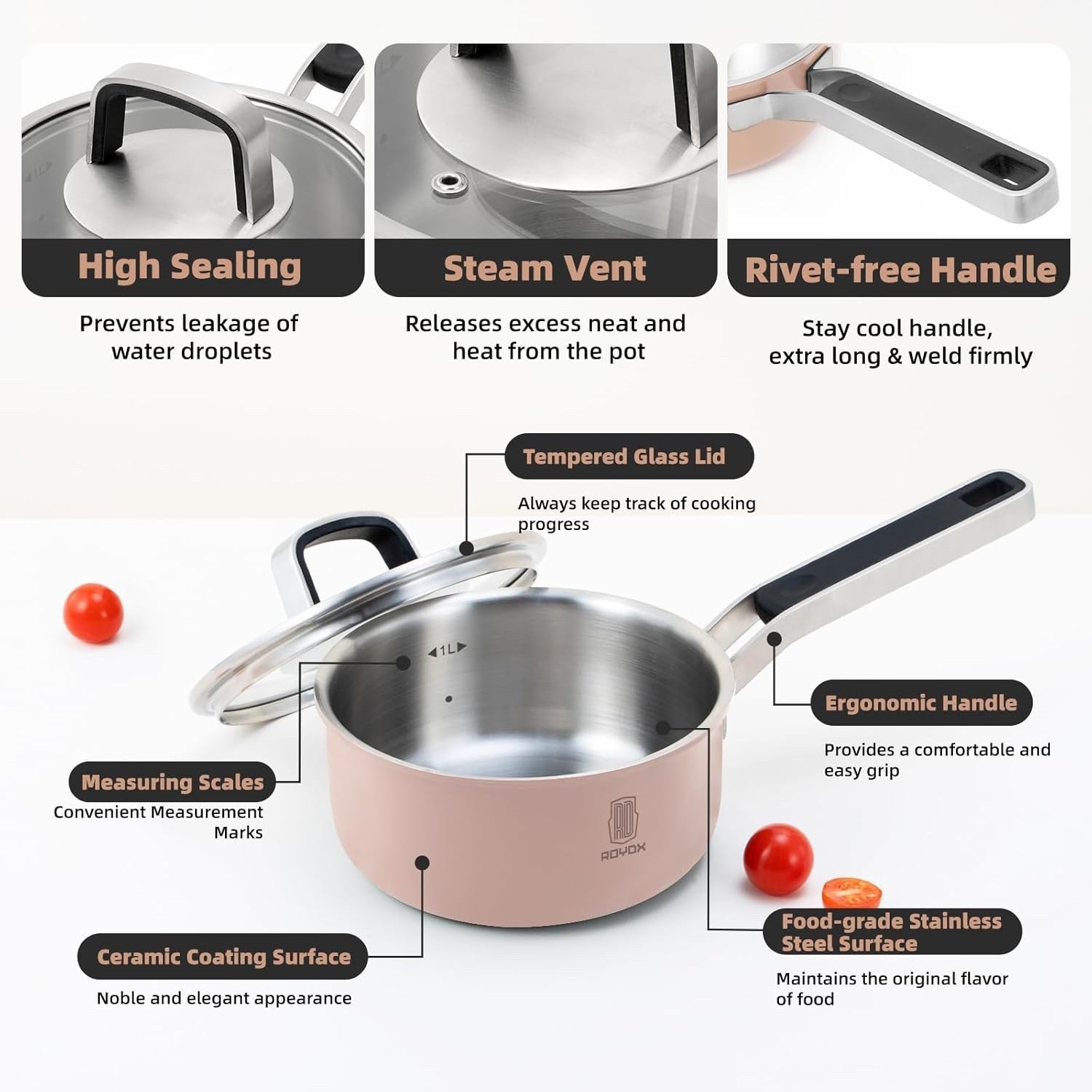 6Pcs Dusky Pink Stainless Steel Cookware Pot Set with Glass Lids Induction Safe