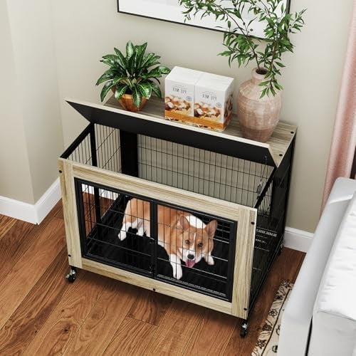 Luxury Indoor Dog Crate Furniture with Wheels, Pull-Out Tray & 3 Doors