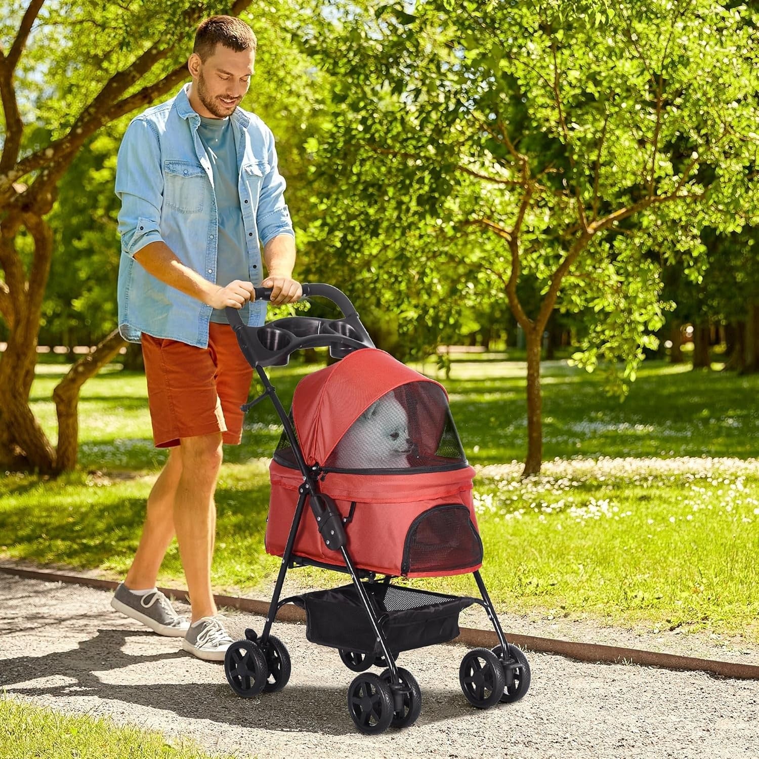 Pet Travel Stroller Dog Pushchair Foldable with Brake Basket Canopy Red