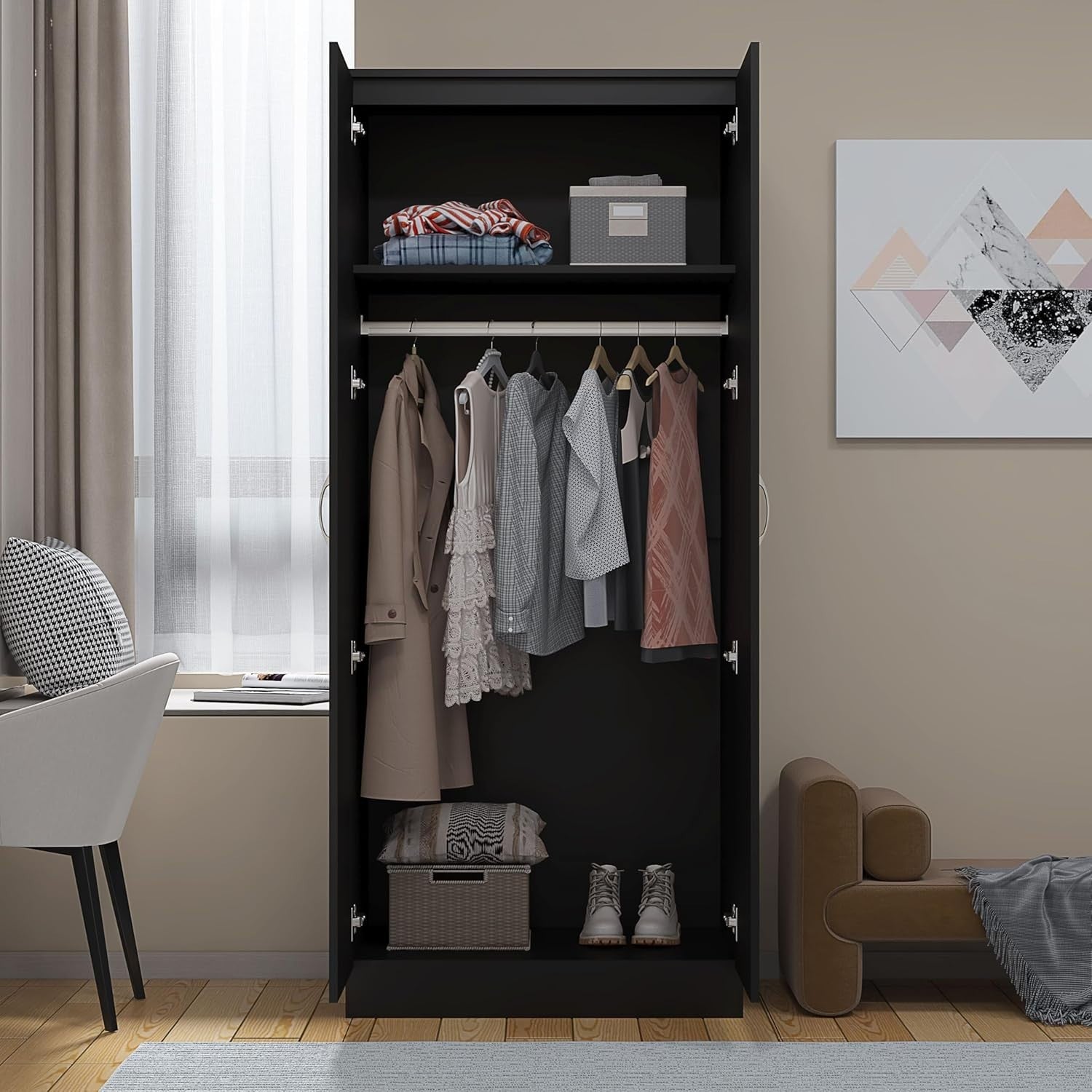 High Gloss 2 Door Wardrobe Slim Storage with Shelf & Hanging Rail 180cm