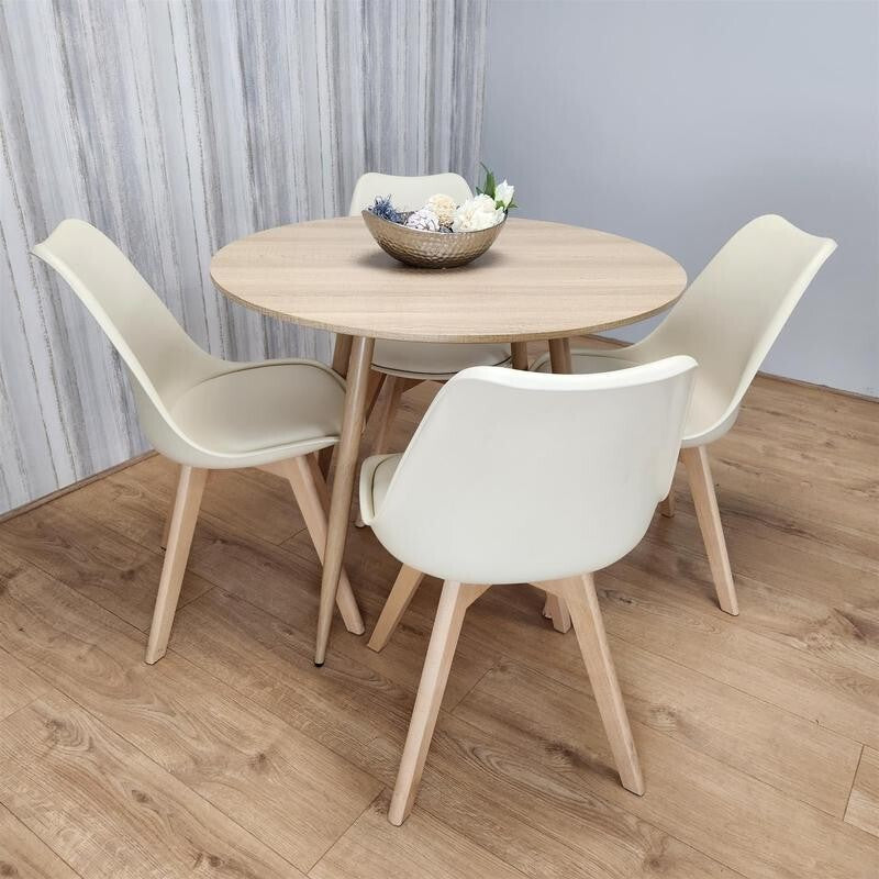 Round Wooden Dining Table Set with 4 White Chairs for Kitchen or Home