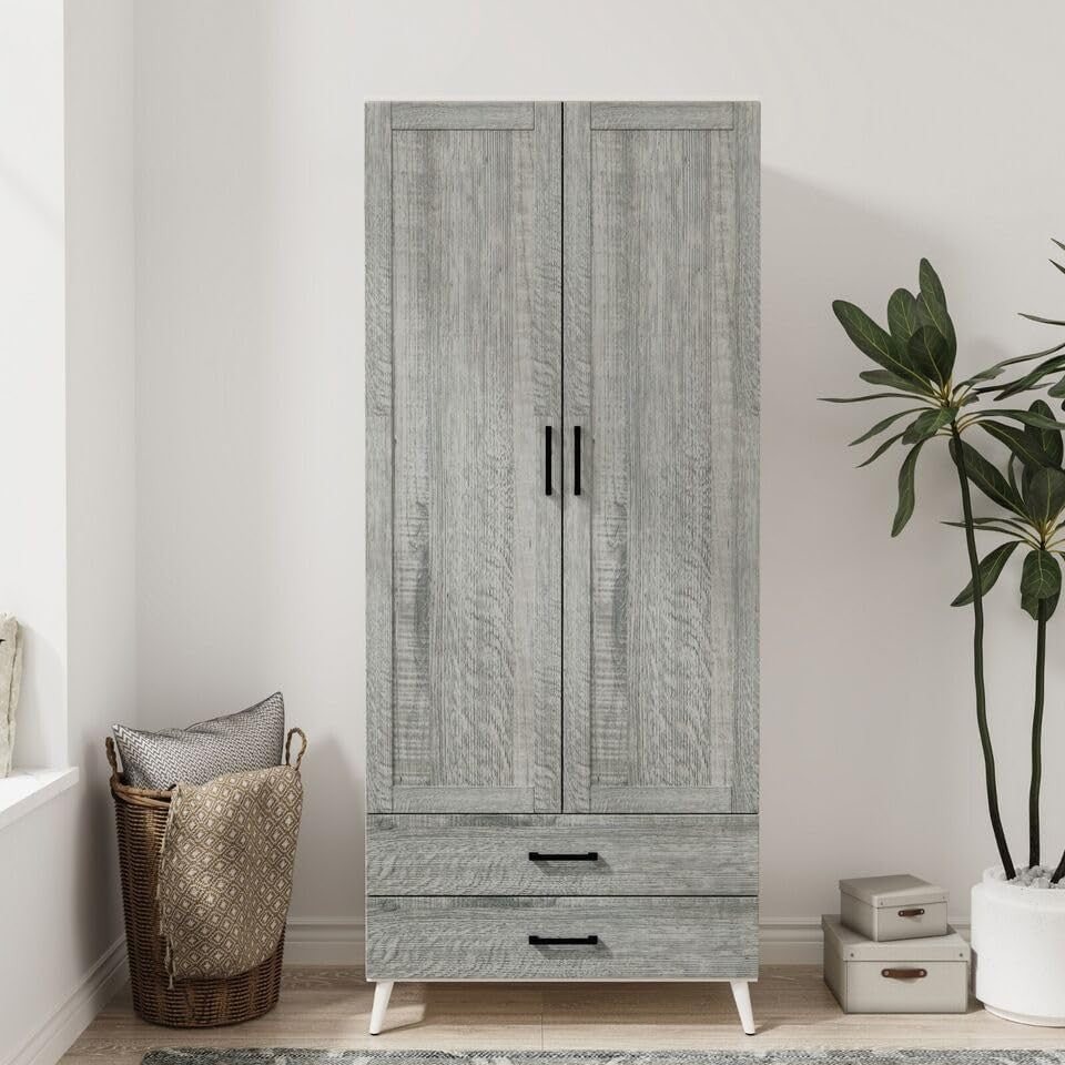 Modern White Ash Grey Wardrobe 2 Doors 2 Drawers Bedroom Storage Unit