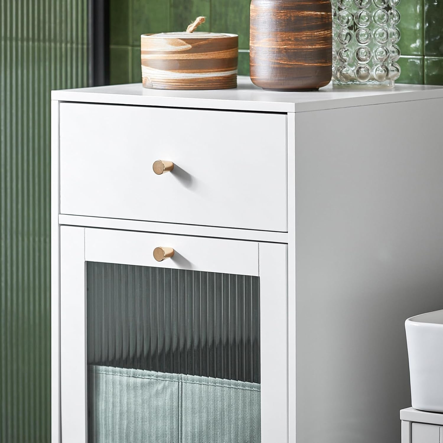 White Laundry Cabinet with Glass Door Drawer Tilt-Out Basket Slim Bathroom Unit