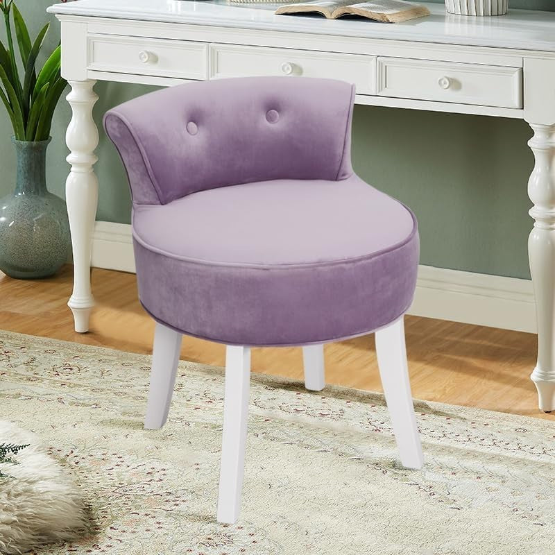 Purple Velvet Dressing Table Stool with Tufted Back & Solid Wood Legs