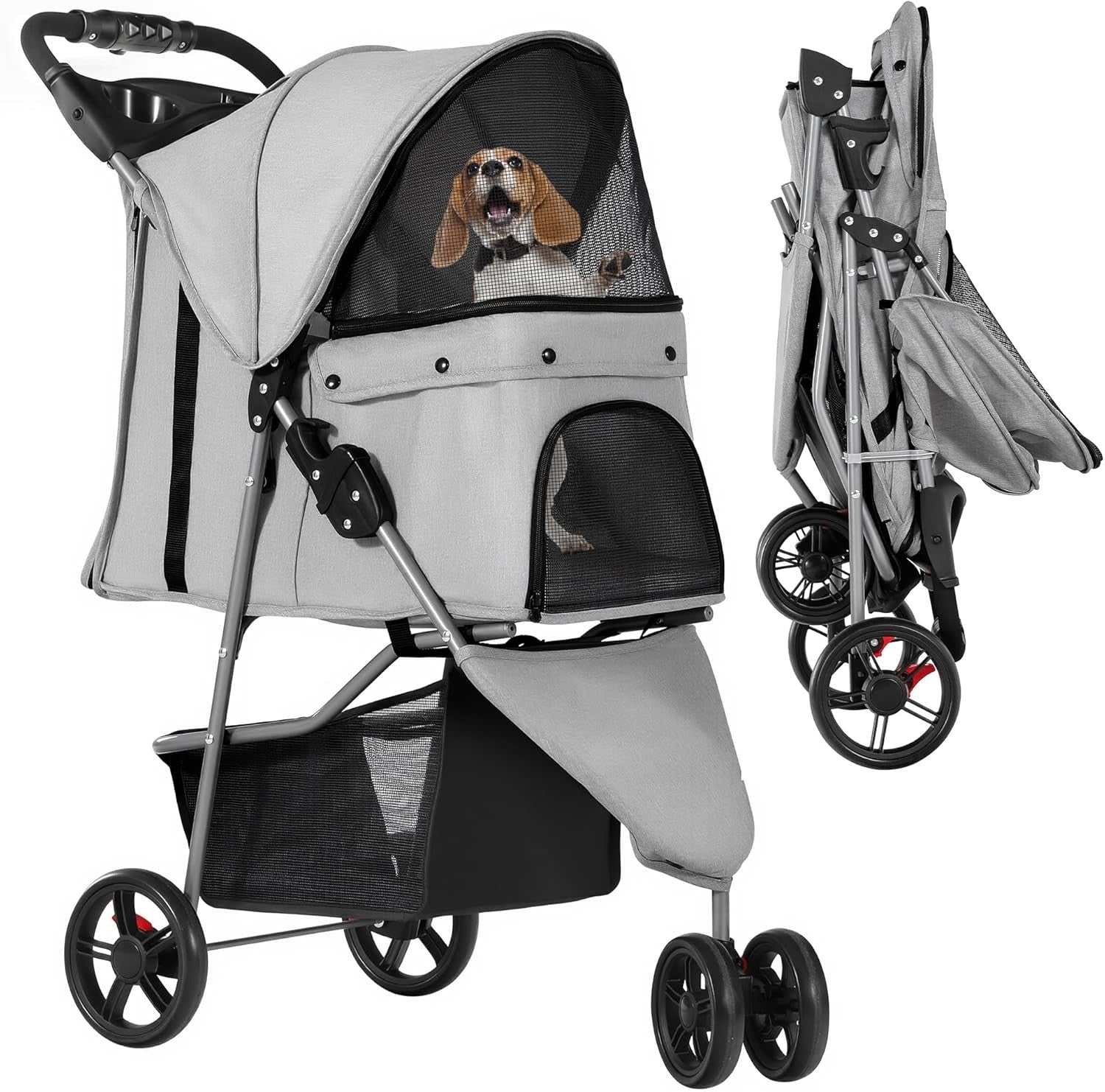 3 Wheel Dog Stroller Folding Pet Pram 15kg Mesh Windows Brakes Cup Holder