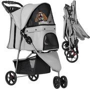 3 Wheel Dog Stroller Folding Pet Pram 15kg Mesh Windows Brakes Cup Holder