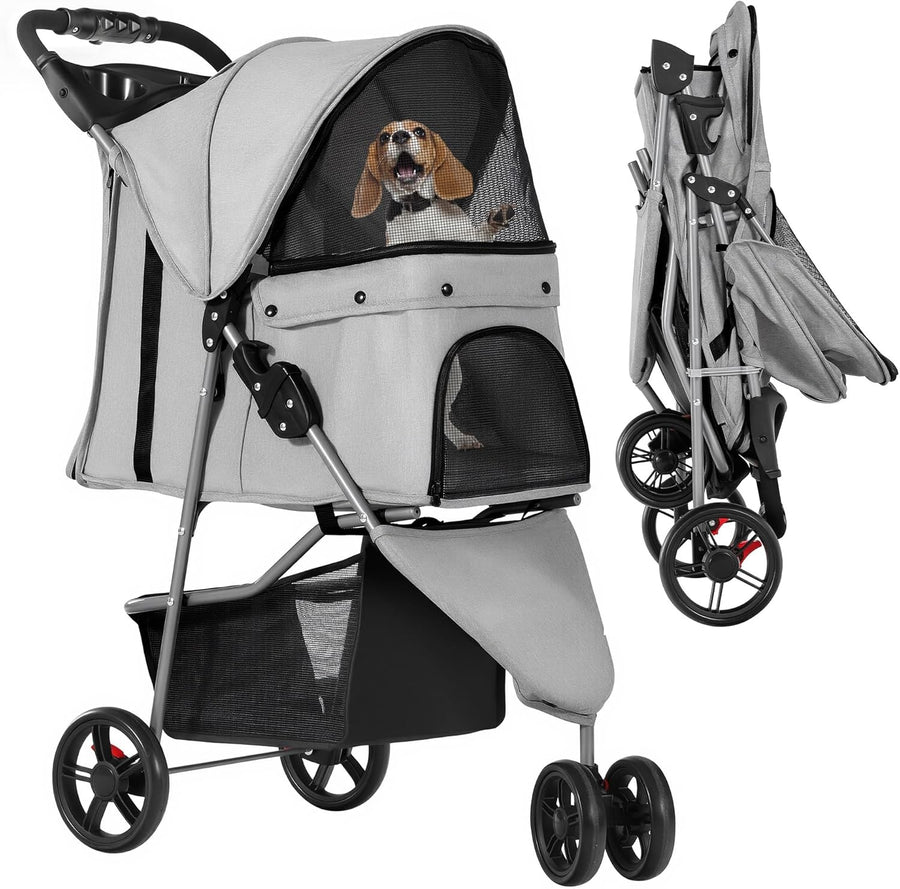 3 Wheel Dog Stroller Folding Pet Pram 15kg Mesh Windows Brakes Cup Holder