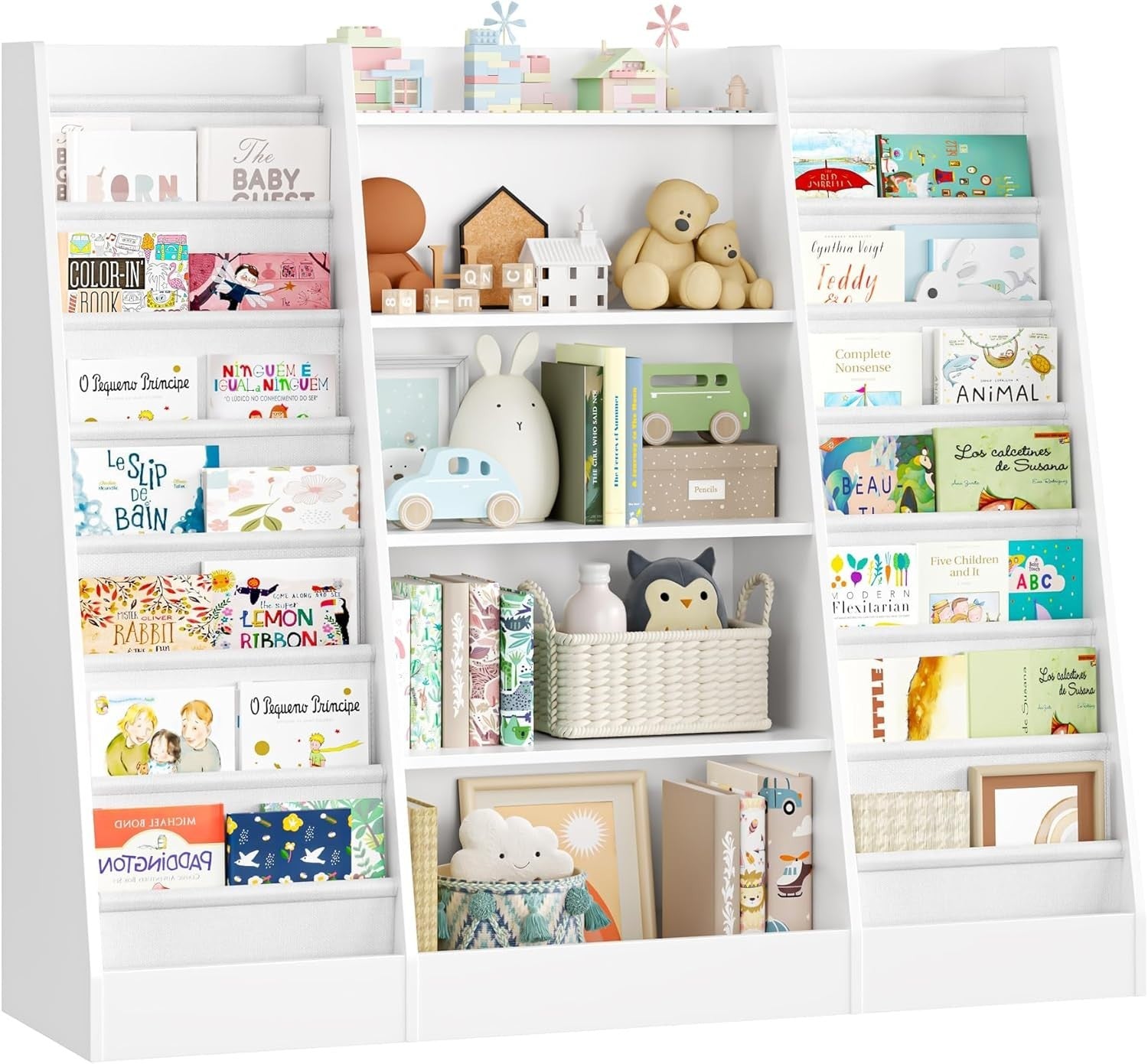 Kids Bookshelf Toy Storage Unit with 14 Sling Shelves & 5 Open Racks 129cm