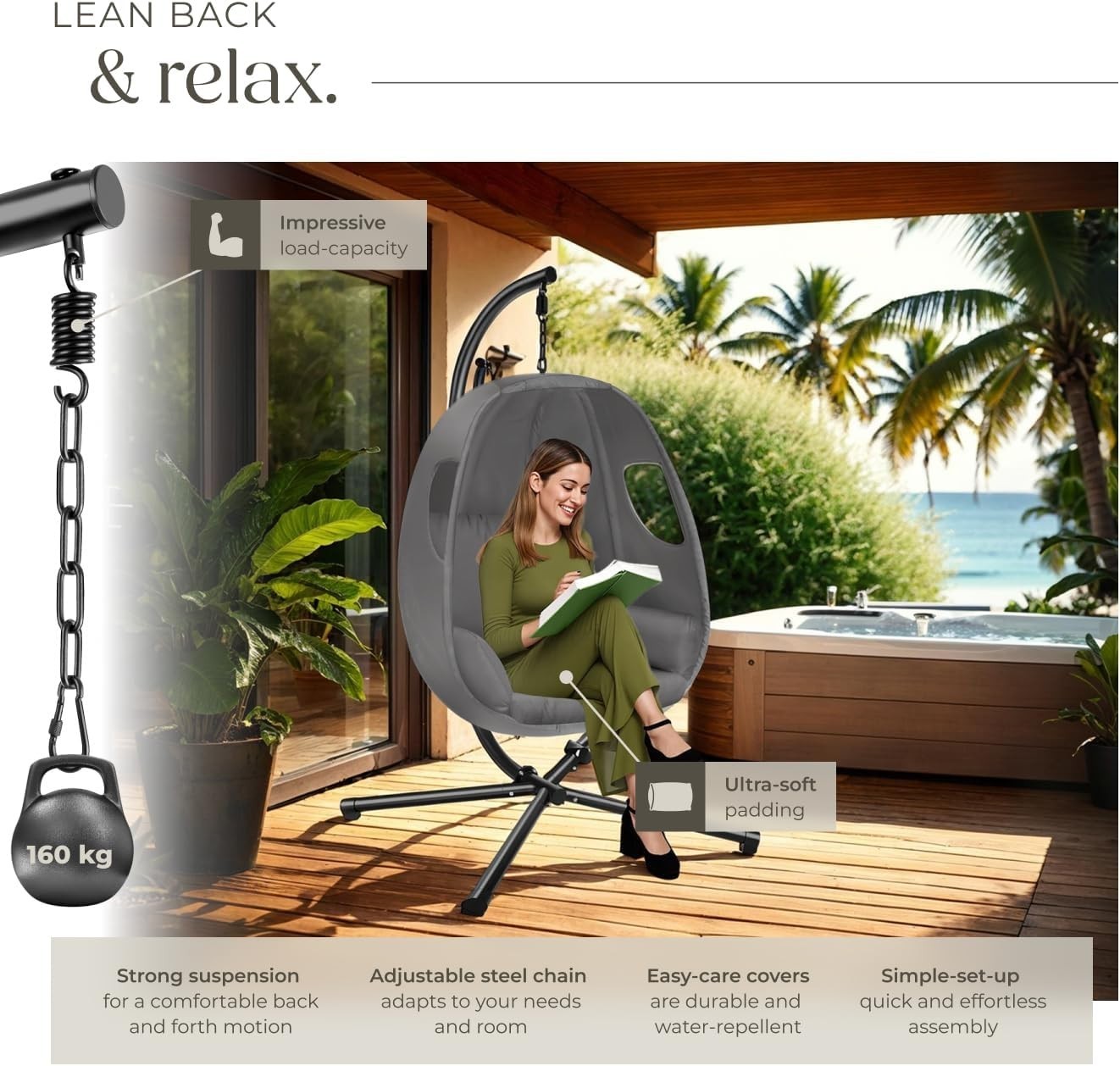 Swivel Hanging Egg Chair with Stand & Comfy Cushion for Indoor Outdoor Use