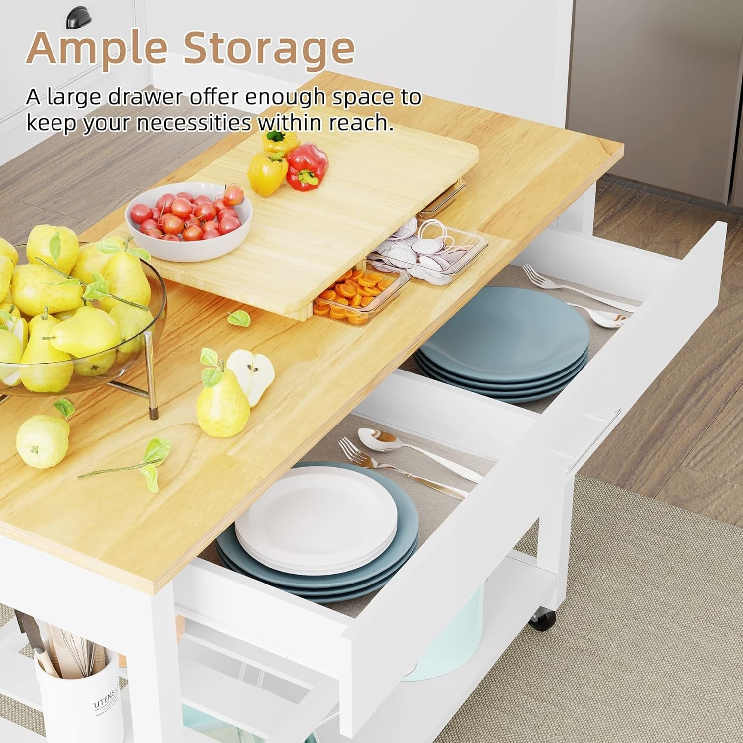 Rolling Kitchen Island Cart White Wood | Cabinet, Drawers, Shelves 101cm