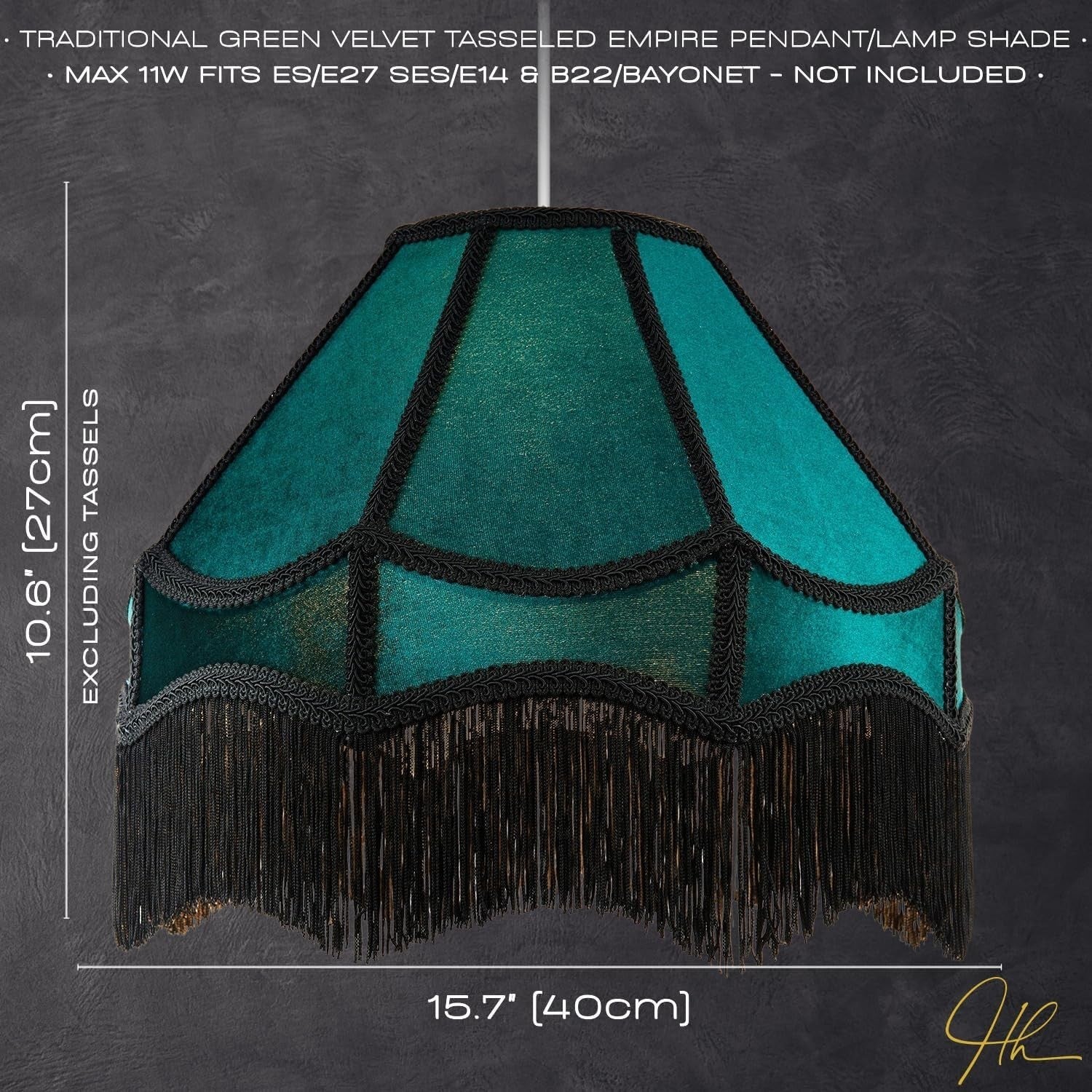 Victorian Empire Velvet Lampshade Emerald Green Black Tassel 40cm