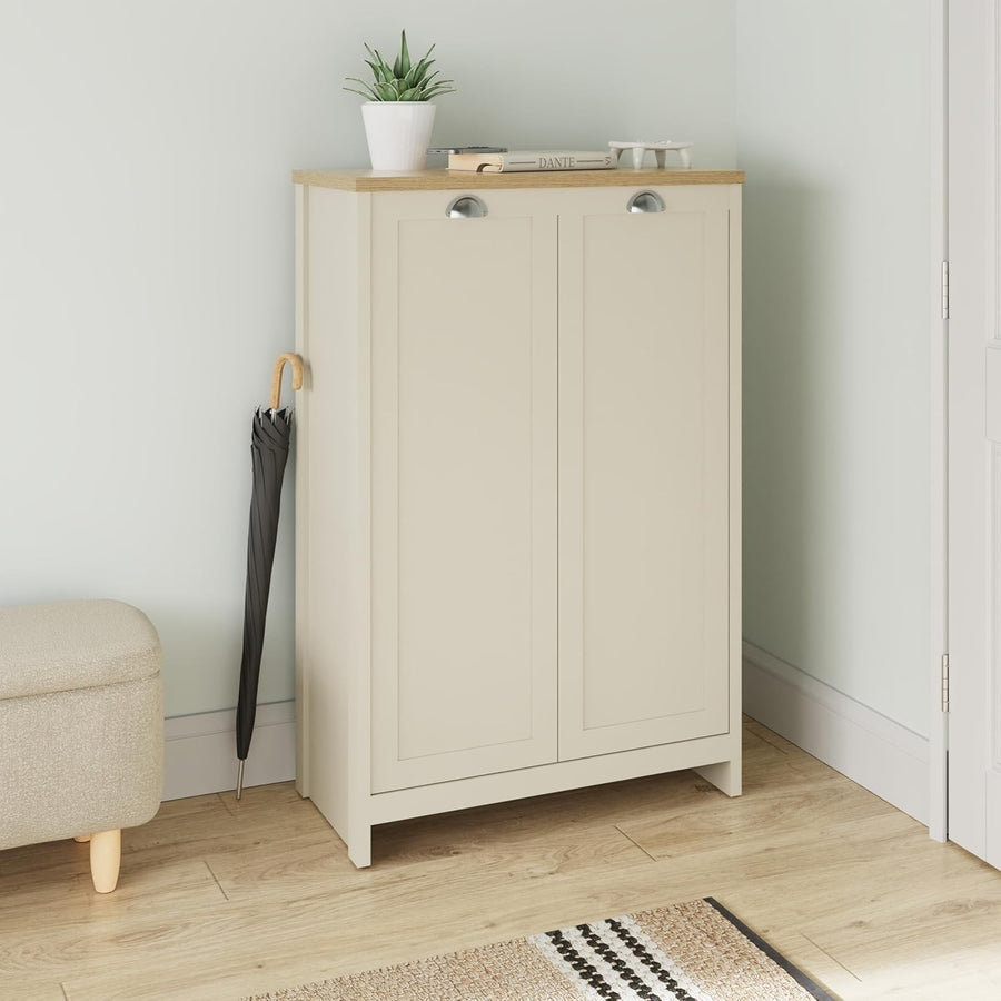 Cream Shoe Storage Cabinet 2 Door Oak Effect Unit with Shelves Hallway