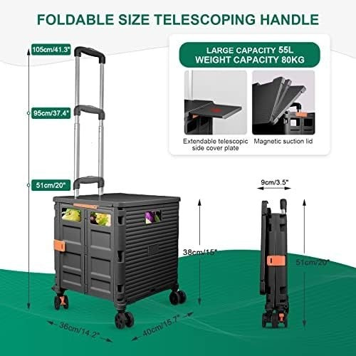 Folding Shopping Trolley 55kg Heavy Duty Cart 360° Wheels Adjustable Handle