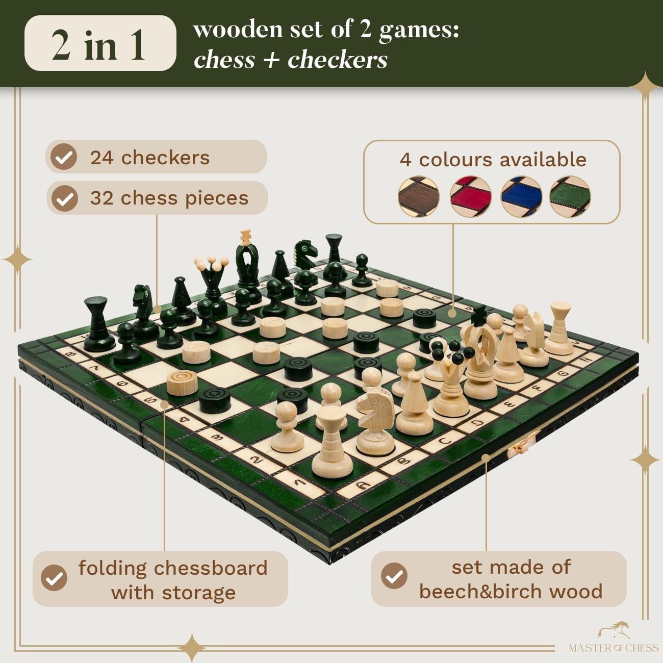 Luxury 35cm Wooden Chess & Draughts Set | Folding Board | Handmade Green Set