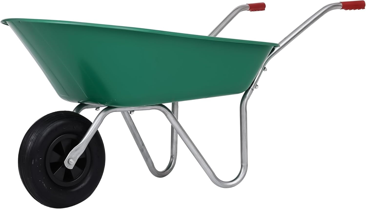 85L Pneumatic Wheelbarrow – Green Plastic w/ Leaf Scoop & Gloves Set Lightweight