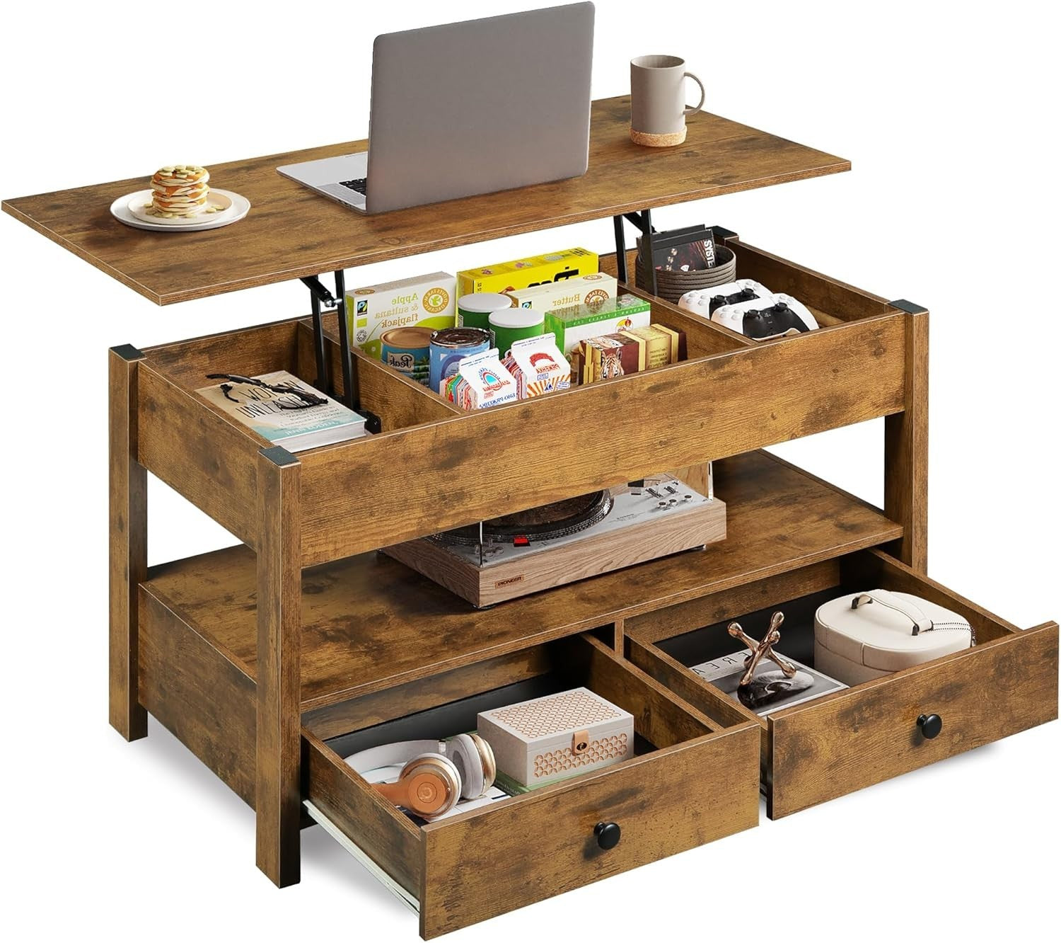 Lift Top Coffee Table with Storage Drawers & Hidden Compartment 100x50cm