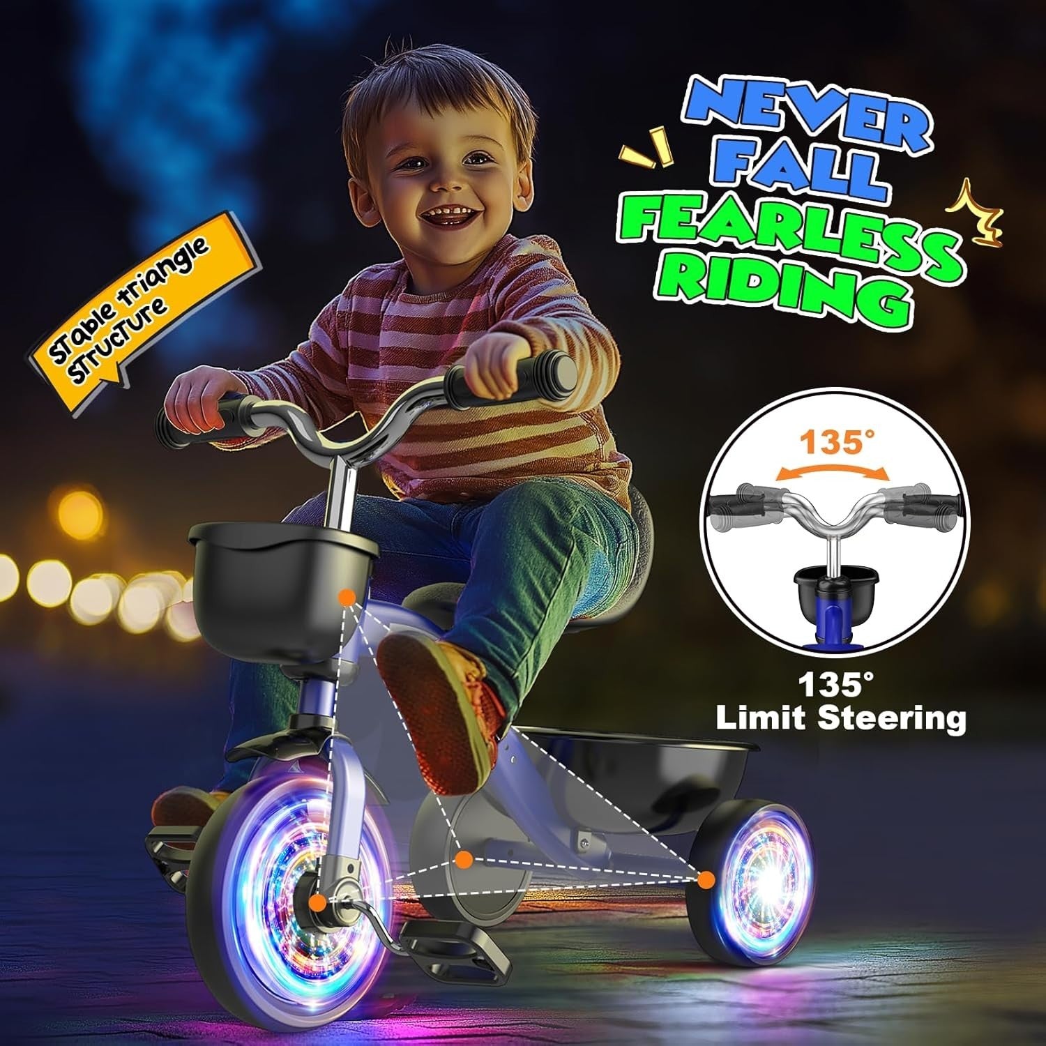 Kids Tricycle LED Light Wheels Balance Bike Adjustable Seat Boys 2-5Y