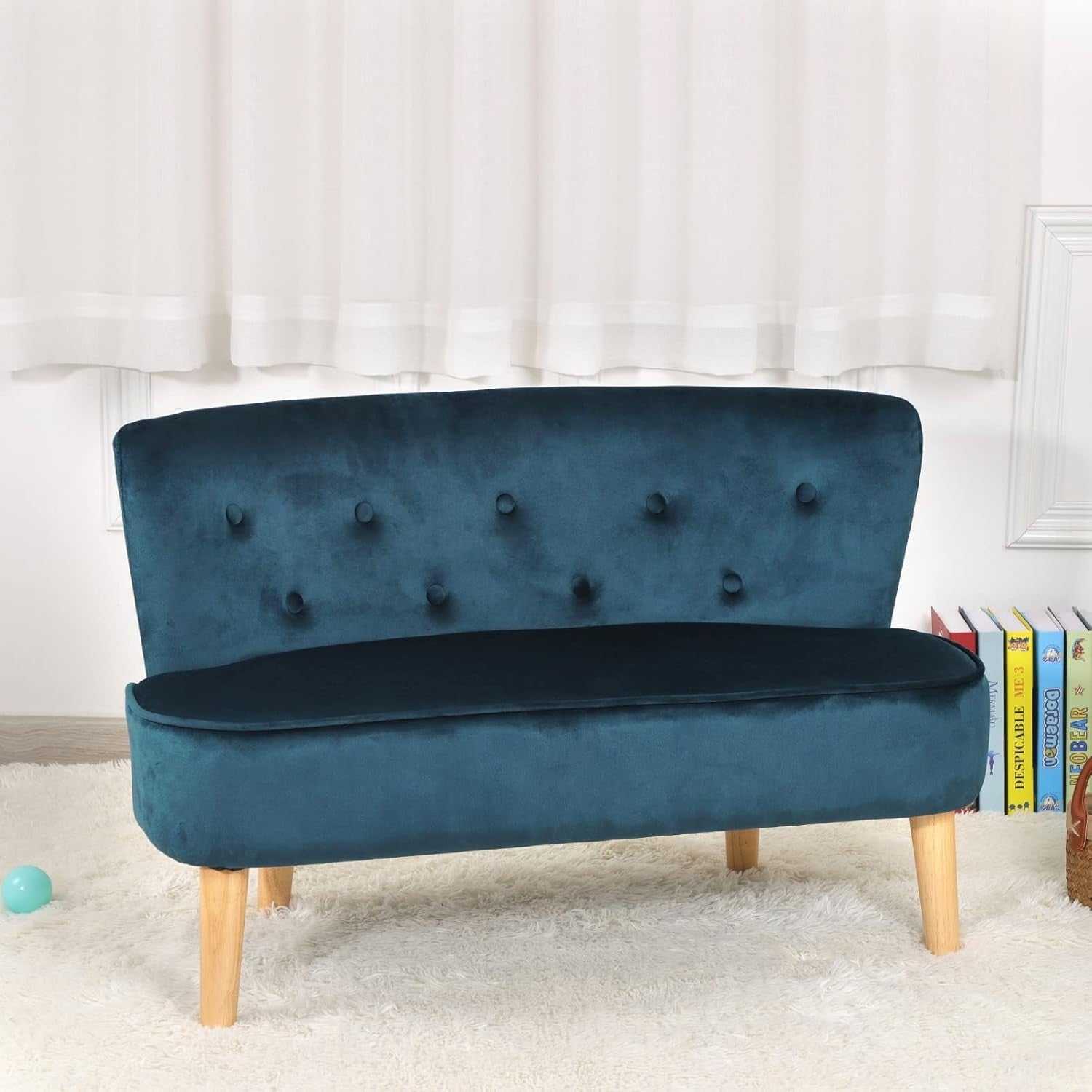 Blue Velvet Kids Sofa, 2-Seater Play Couch for Toddlers, Compact 90.5x44.5x57.5c