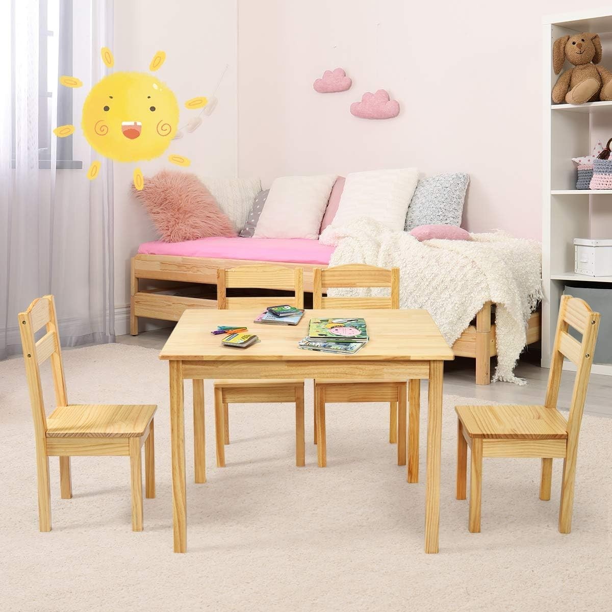 Kids Wooden Table & 4 Chairs Set Toddler Activity Desk for Play & Learning