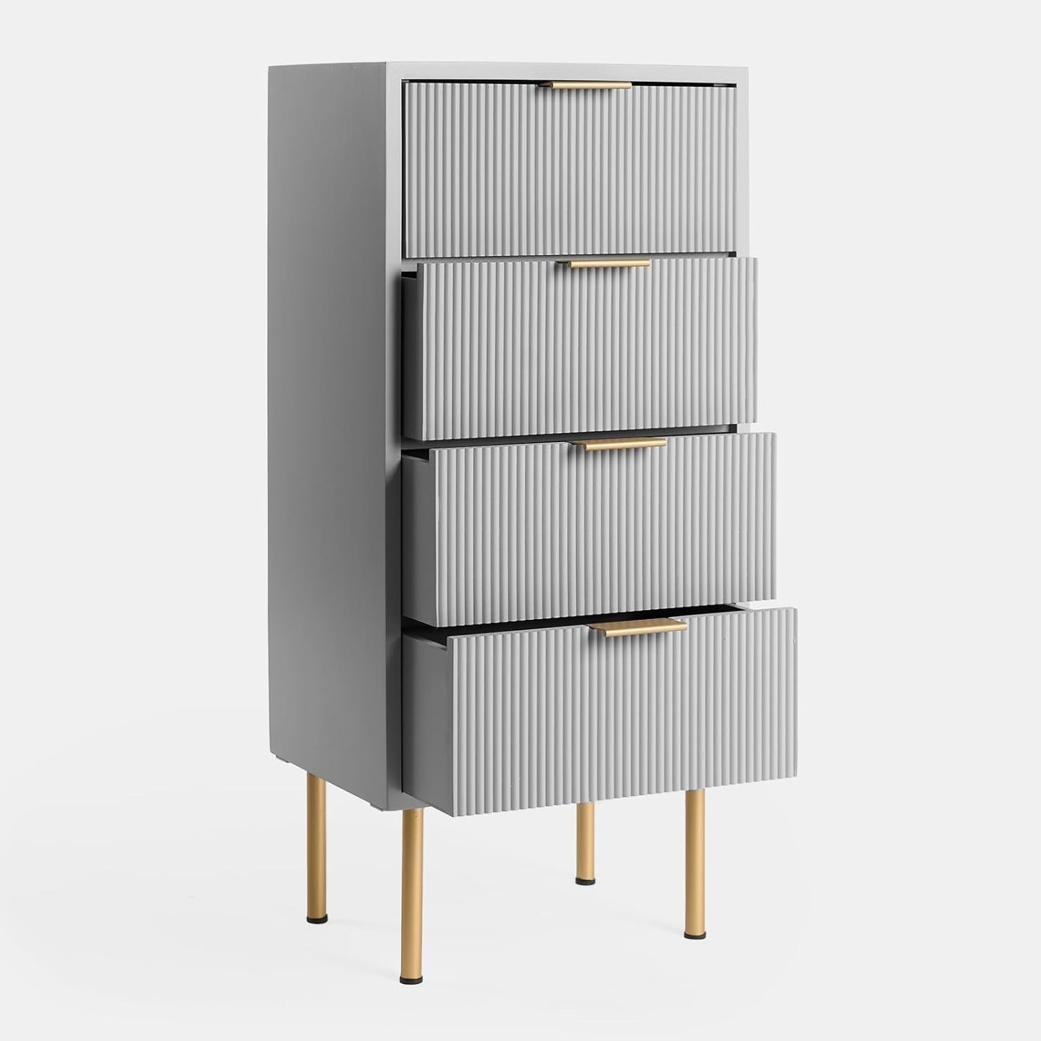 Modern Grey 4 Drawer Bedside Table | Ribbed Wood Nightstand with Gold Legs