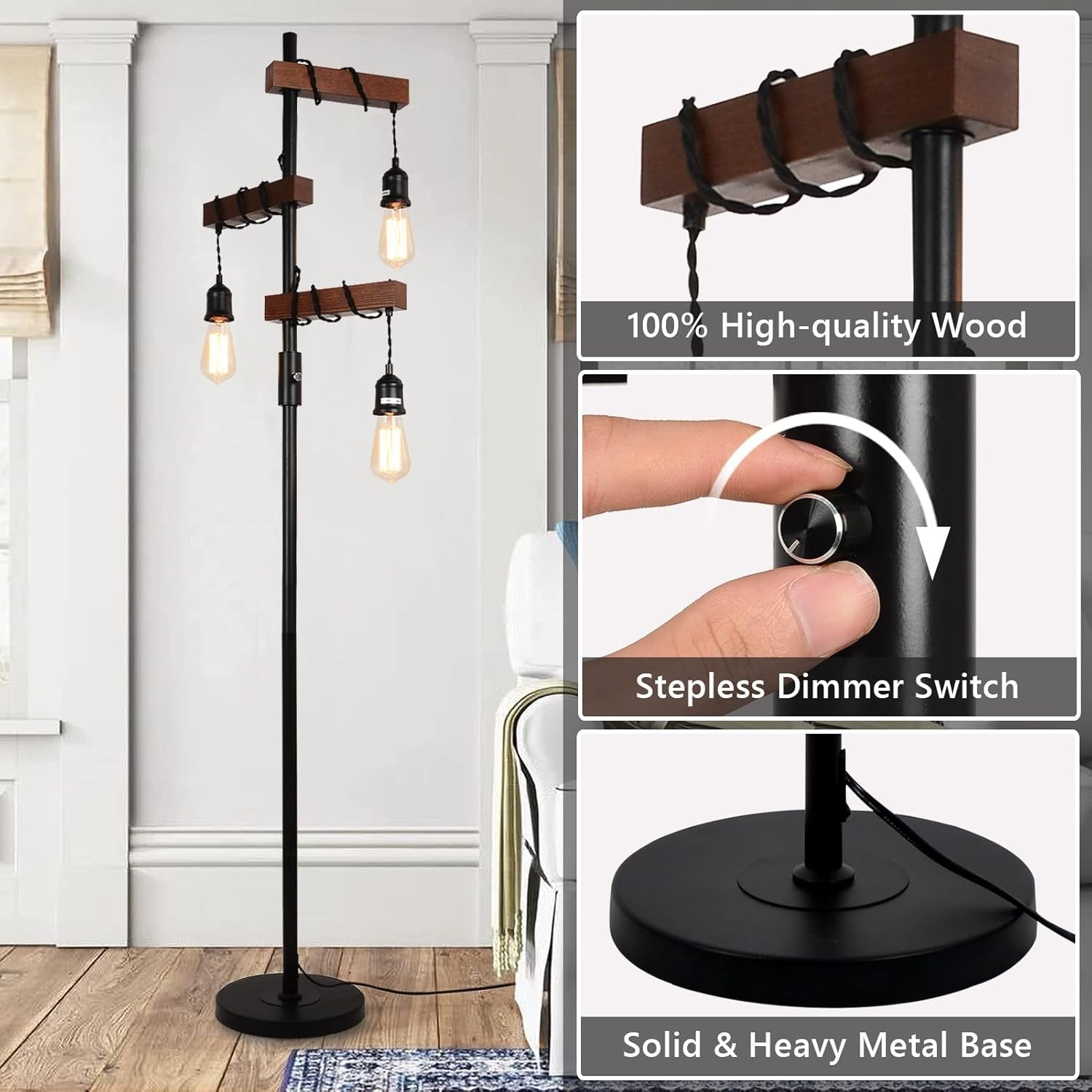 Industrial 3 Light Wooden Floor Lamp E27 Vintage Tree Standing Light