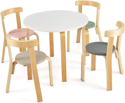 Kids Wooden Round Table & 4 Chairs Set Multicolor Ergonomic Playroom Desk