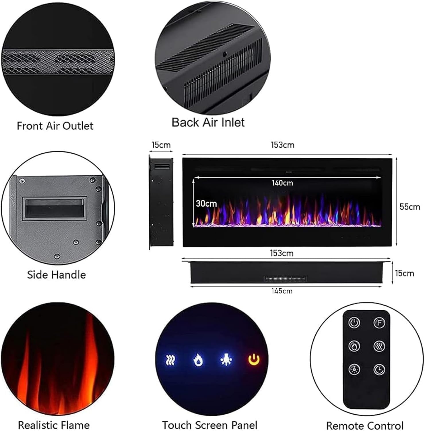 60" Wall Electric Fireplace LED Flame Crystal Insert Remote Heater
