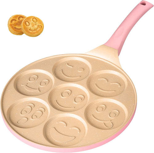Pink 7 Smiley Pancake Pan 26cm Non-Stick Crepe Maker Induction Safe Soft Grip