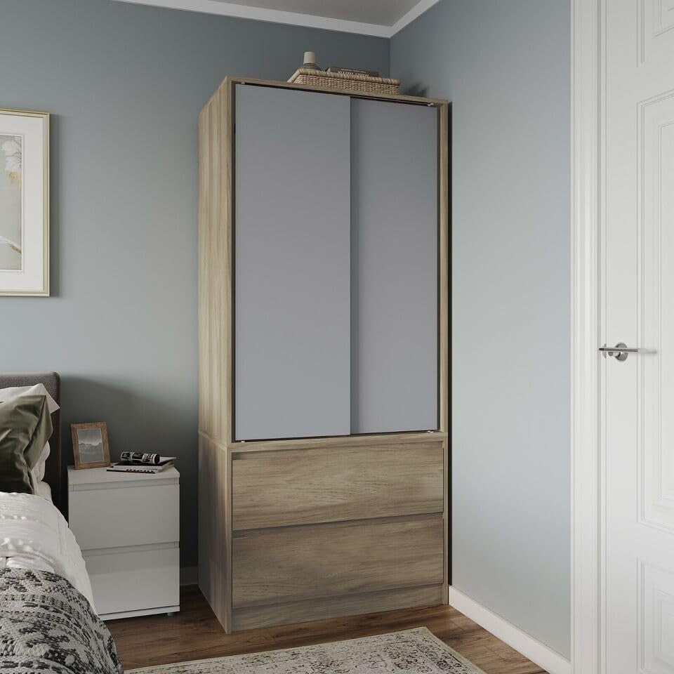 2-Door Sliding Wardrobe with Drawers & Hanging Rail | Modern Bedroom Storage