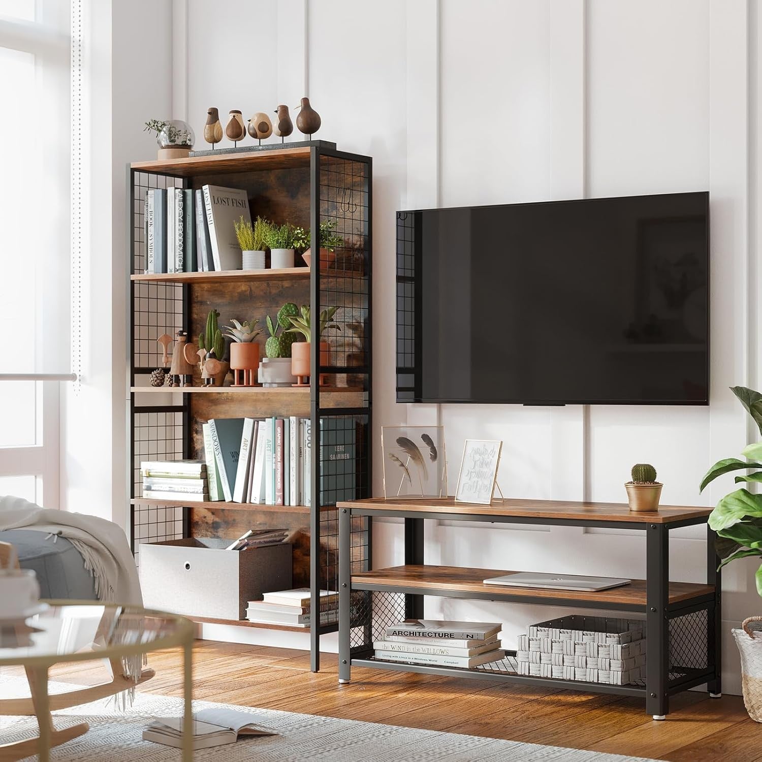 5-Tier Rustic Bookshelf with Hooks | Industrial Storage Shelving for Home Office