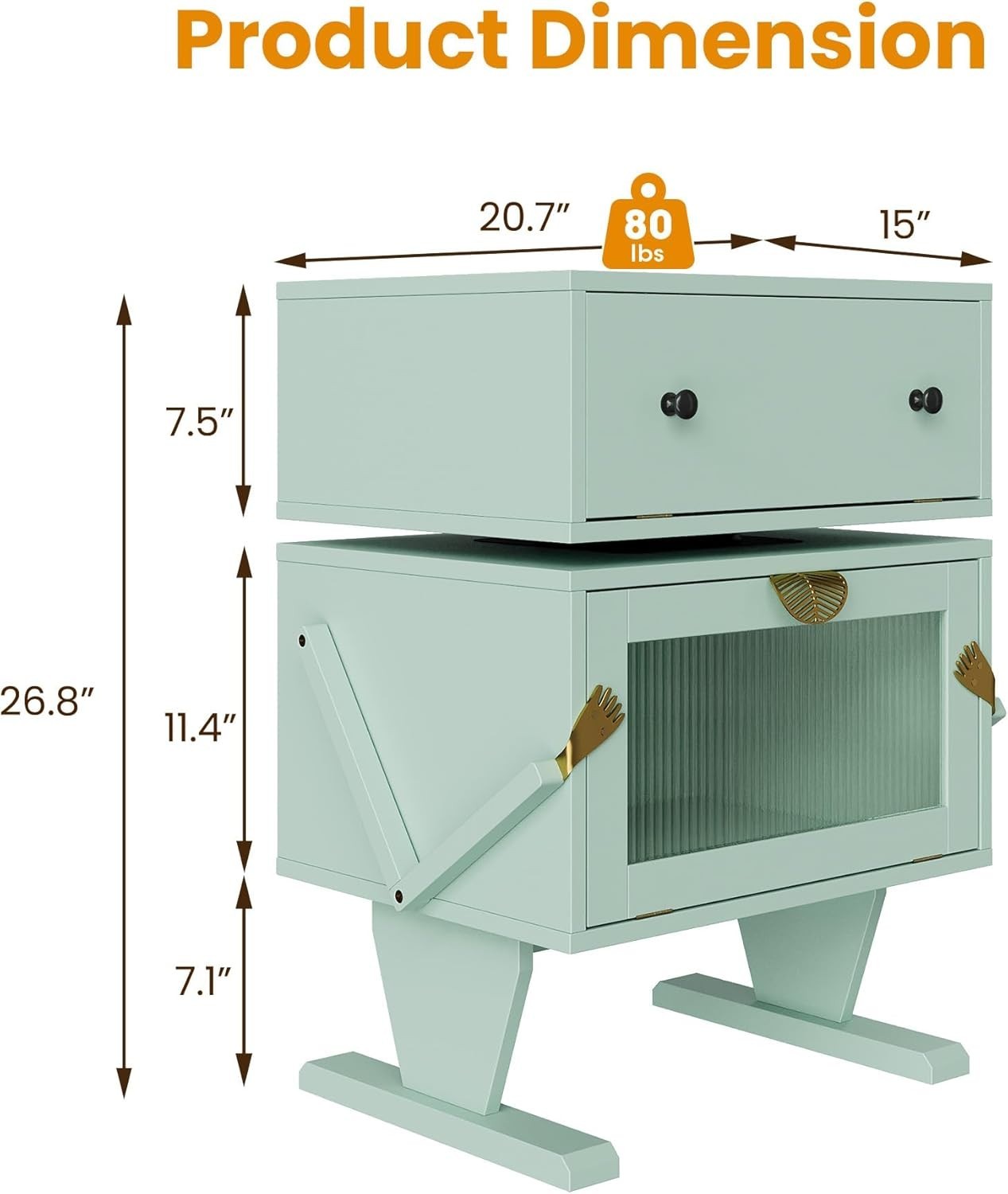 Modern LED Nightstand with Storage, Rotating Drawer & Glass Door, Green