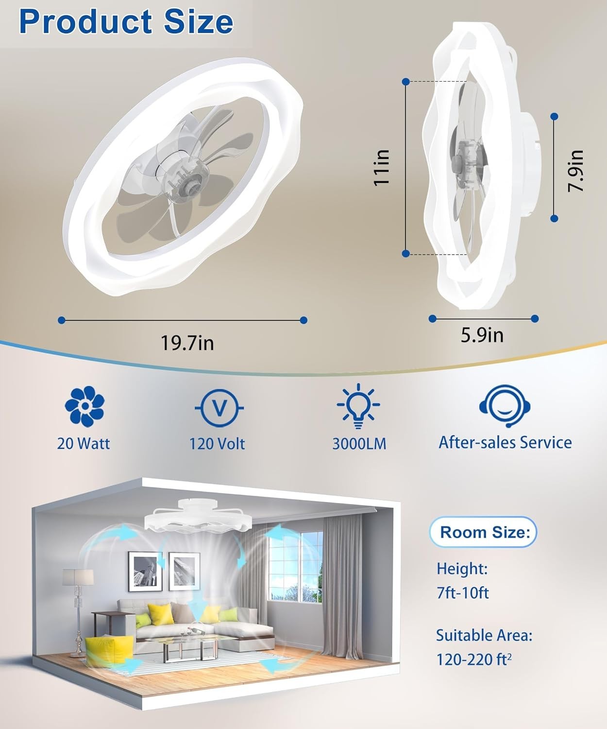 20" Ceiling Fan Light, 6 Speeds, Dimmable, Reversible, App & Remote
