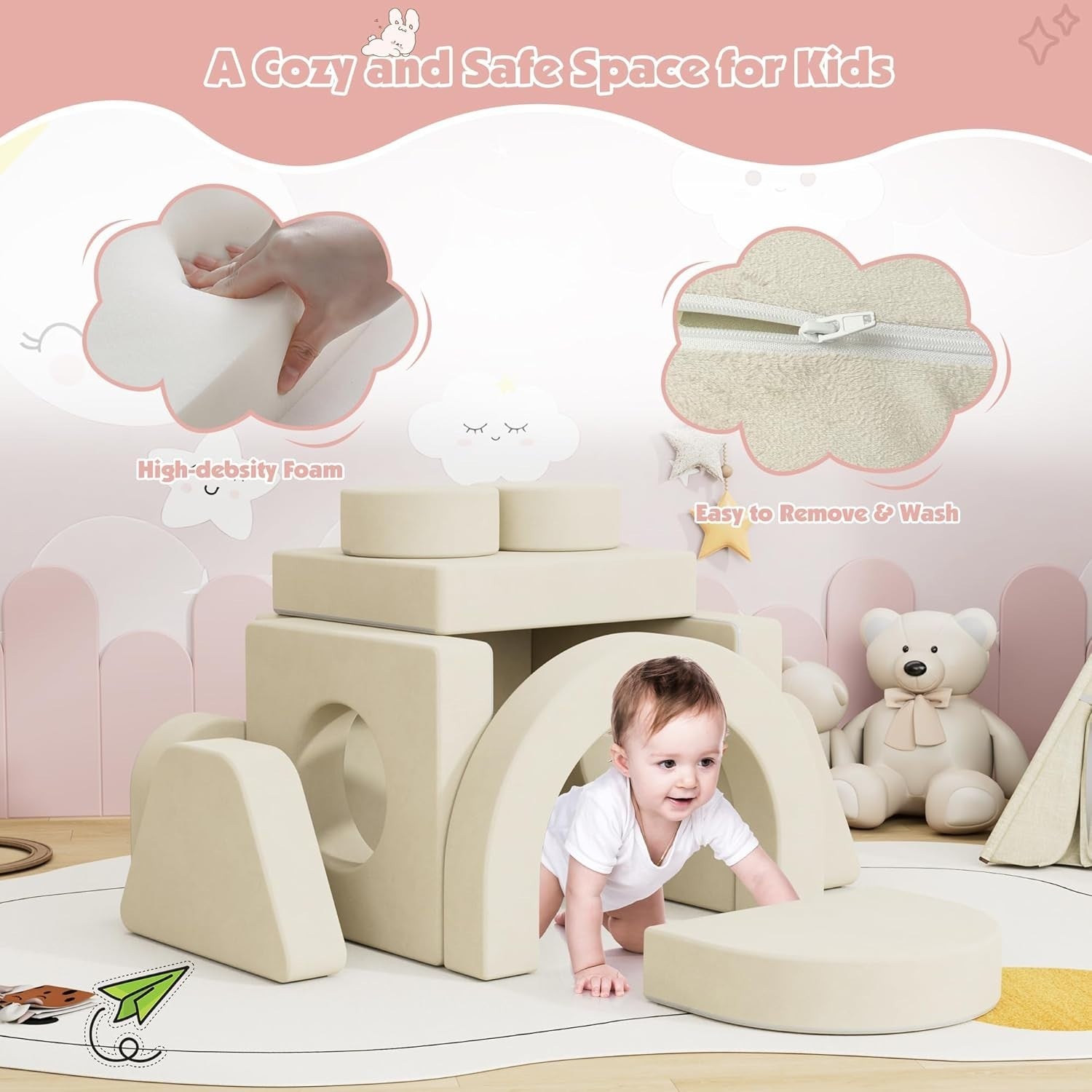 Modular Kids Play Couch Sofa Bed Foam Fort Building Set Beige