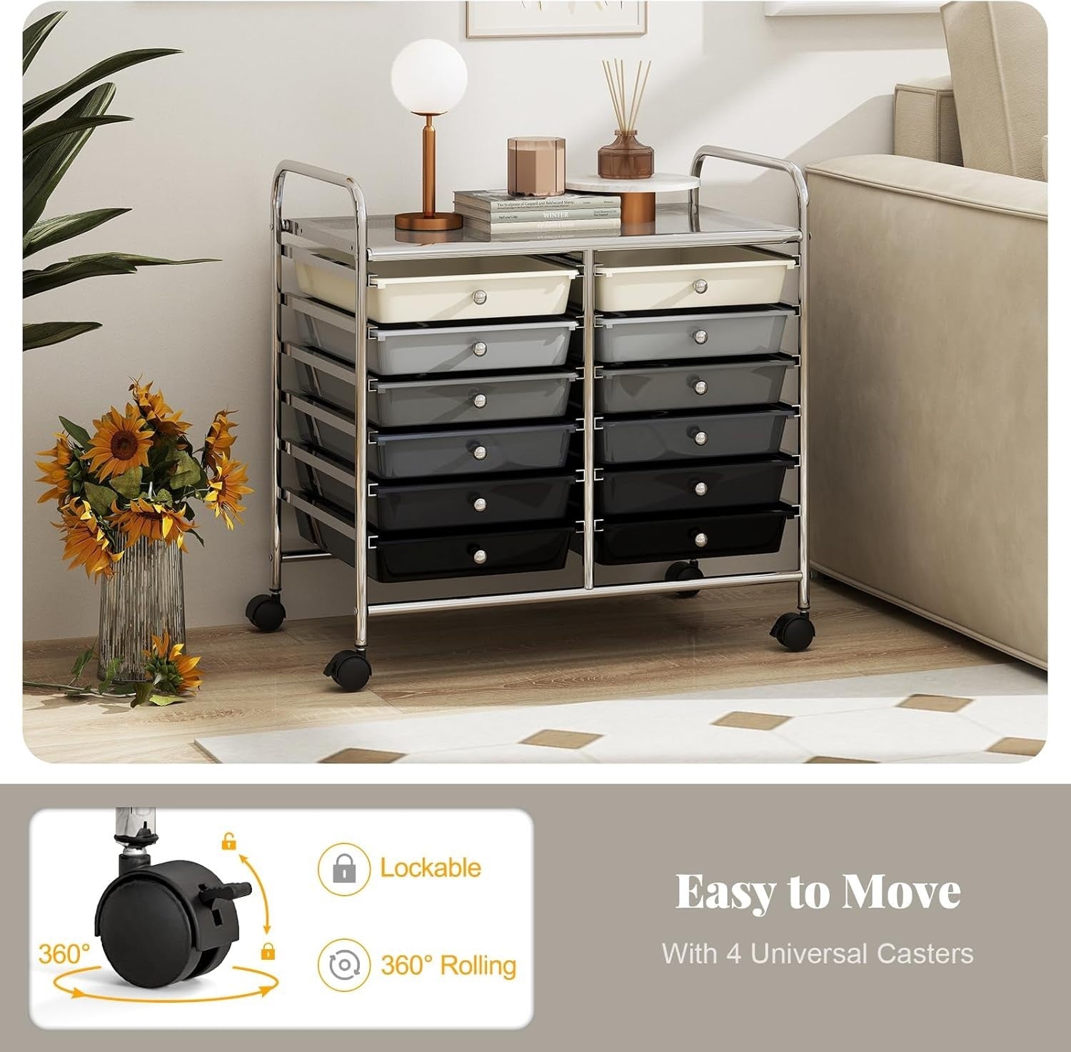 12 Drawer Rolling Storage Cart Gray Utility Trolley Organizer Wheels