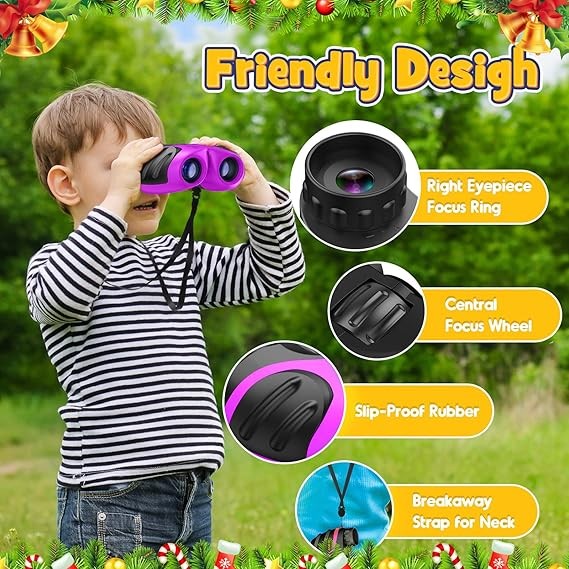 Kids 8x21 Waterproof Binoculars Purple with Compass Whistle Outdoor Explorer
