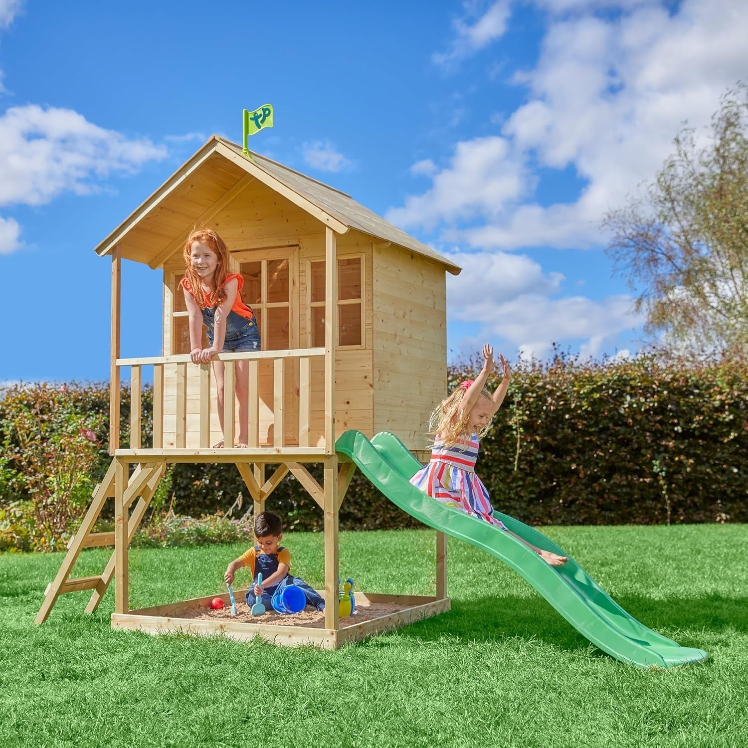 Wooden Tower Playhouse with Slide Outdoor Kids Garden Elevated House