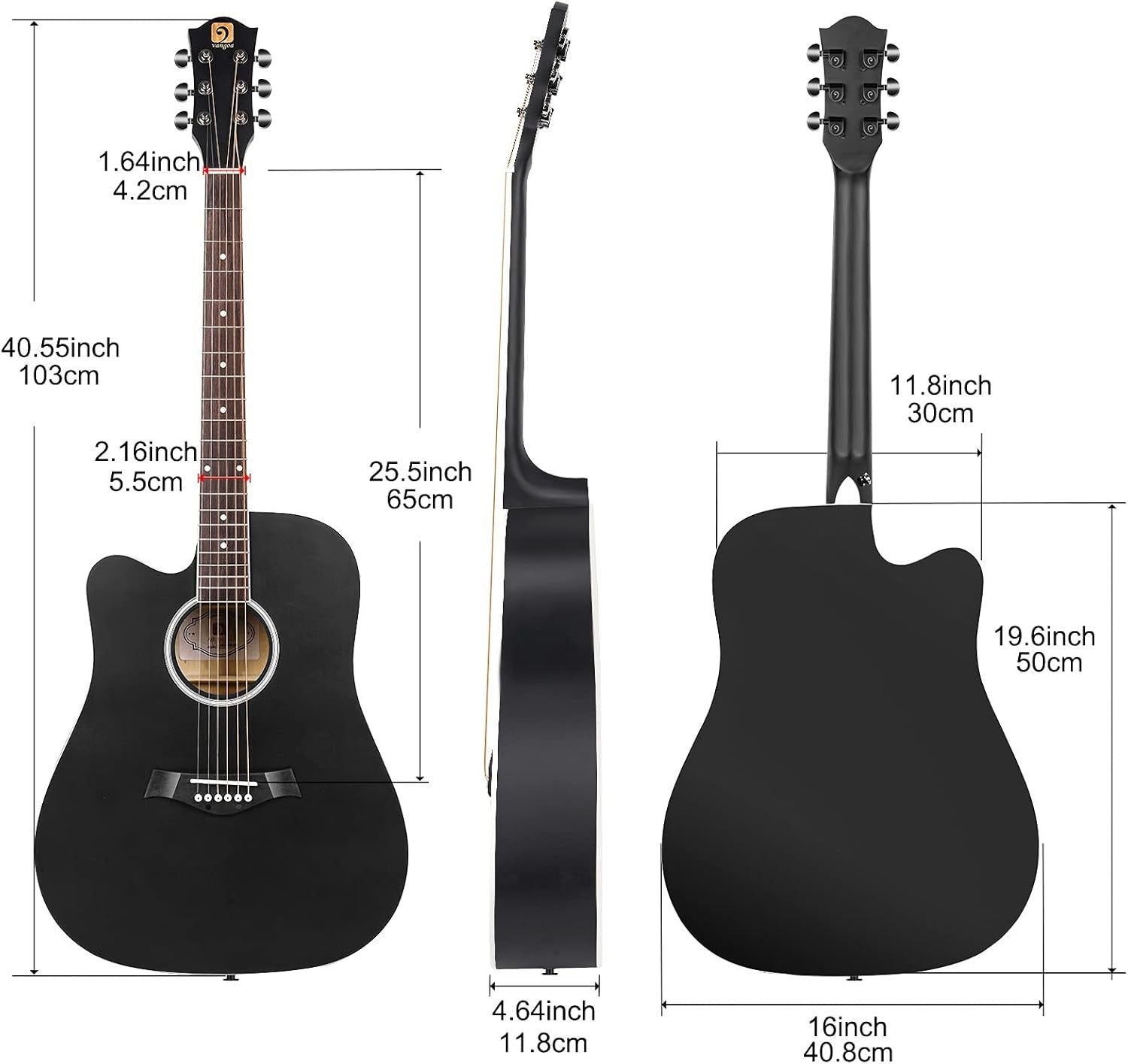Left Handed Acoustic Guitar 4/4 Full Size Beginner Kit Black