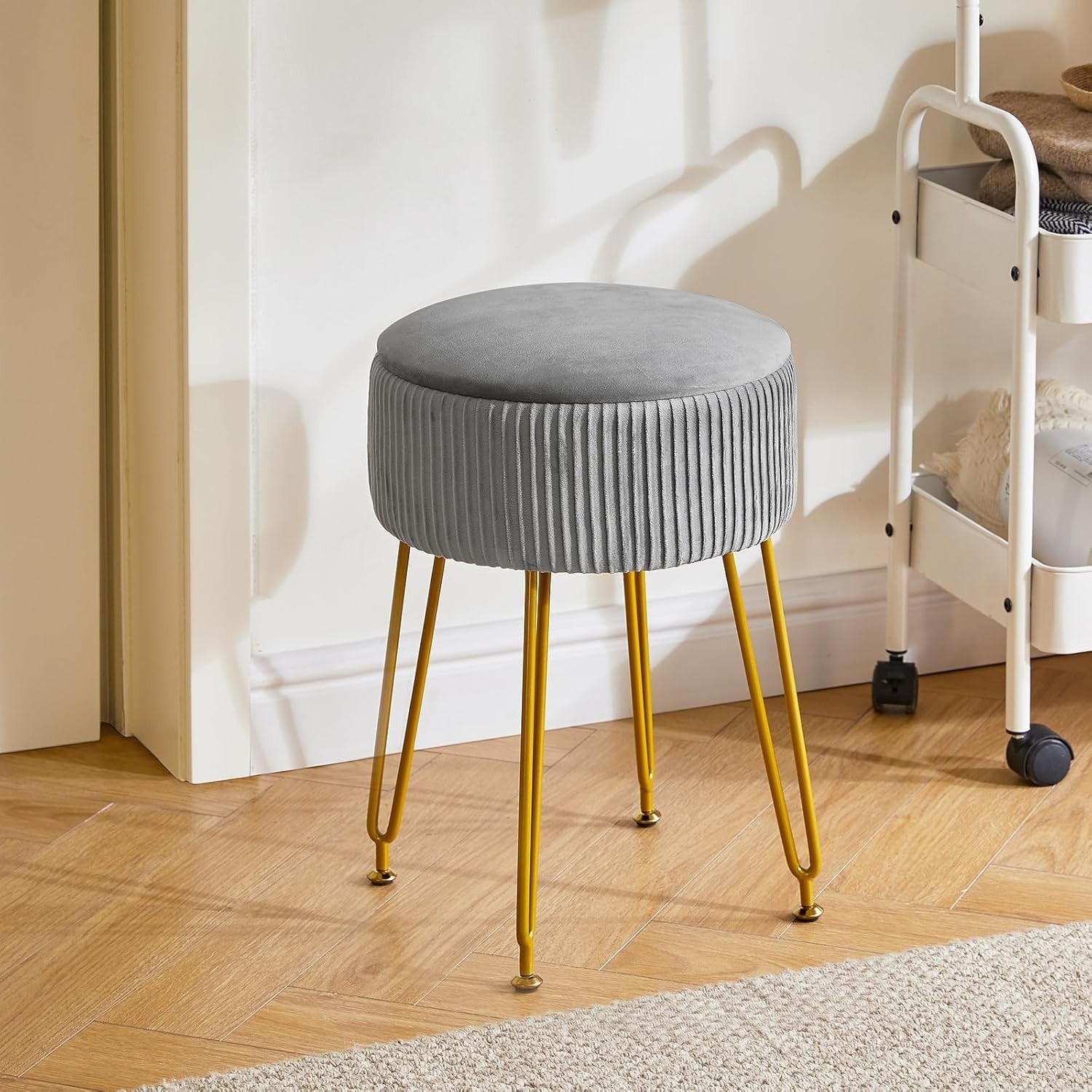 Grey Velvet Storage Footrest Ottoman – Round Vanity Stool with Gold Legs