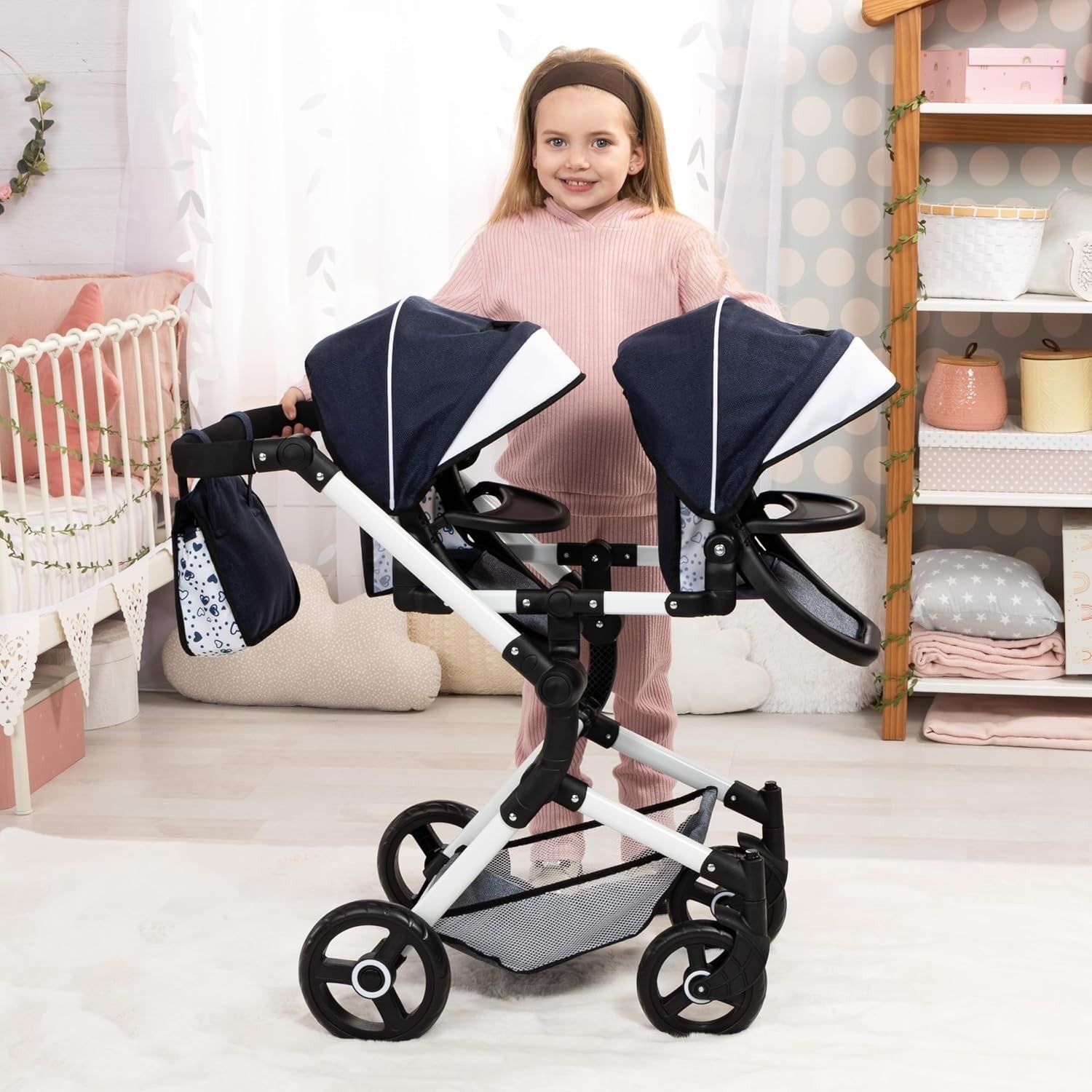Twin Doll Pram Double Stroller Adjustable Reversible Handle Basket Bag