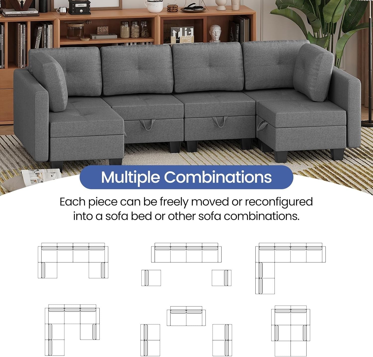 6 Seater Grey Sofa Bed L-Shaped Modular w/Storage Ottoman for Living Room
