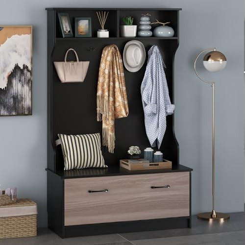 Freestanding Coat Rack with Shoe Bench & Hooks for Hallway Entryway Home