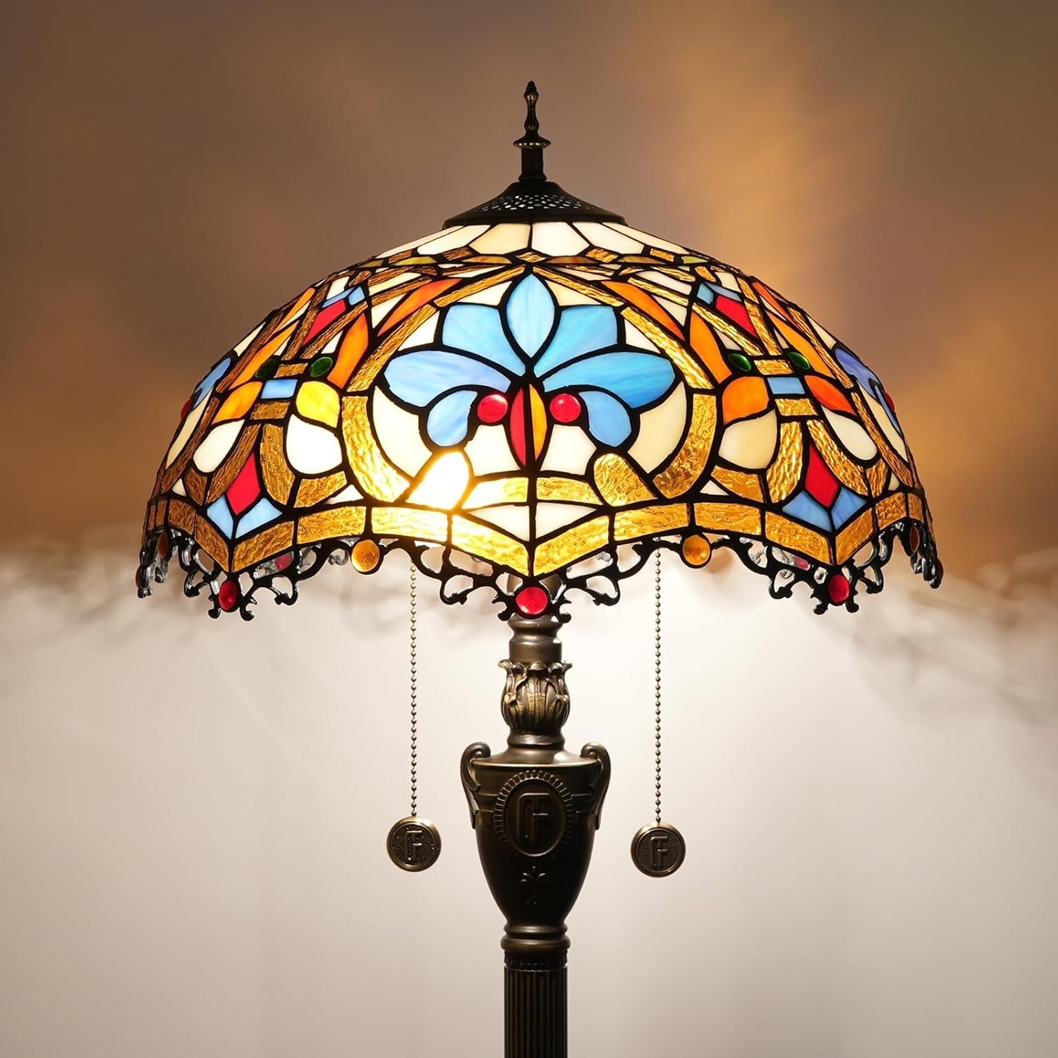 Stained Glass Floor Lamp with Pull Chain & Vintage Bronze Base 64"